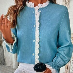 Elegant Blue Lace Trim Blouse